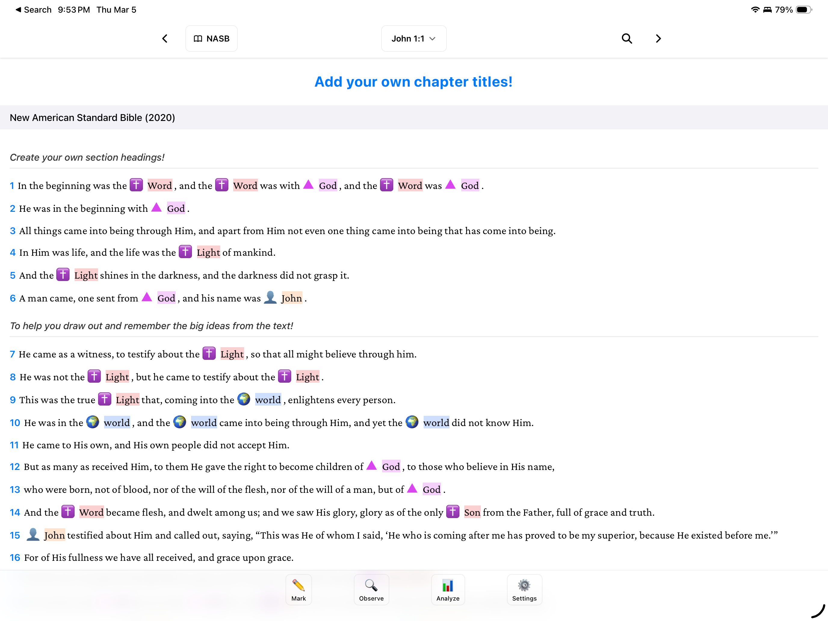 BibleMarker app showing highlighted keywords in John 1